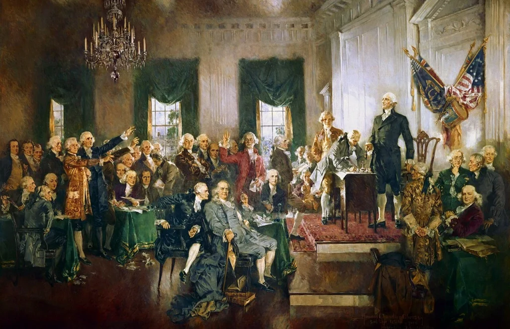 Escena de la firma de la Constitución de los Estados Unidos. 1940. Howard Chandler Christy. Wikimedia Commons. Dominio público