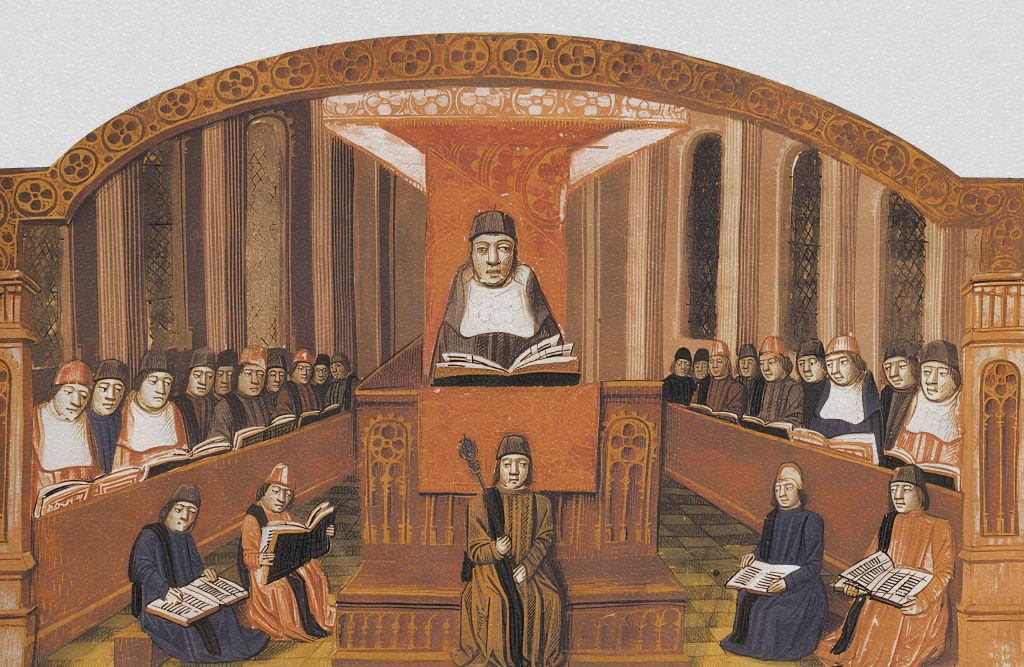 Lección de teología en la Universidad de París (La Sorbona). El maestro o doctor preside la sesión desde la cátedra alta, rodeado de textos de autoridad escolástica. Iluminación en manuscrito del siglo XV. Biblioteca de Troyes (Ms 129, fol. 32).