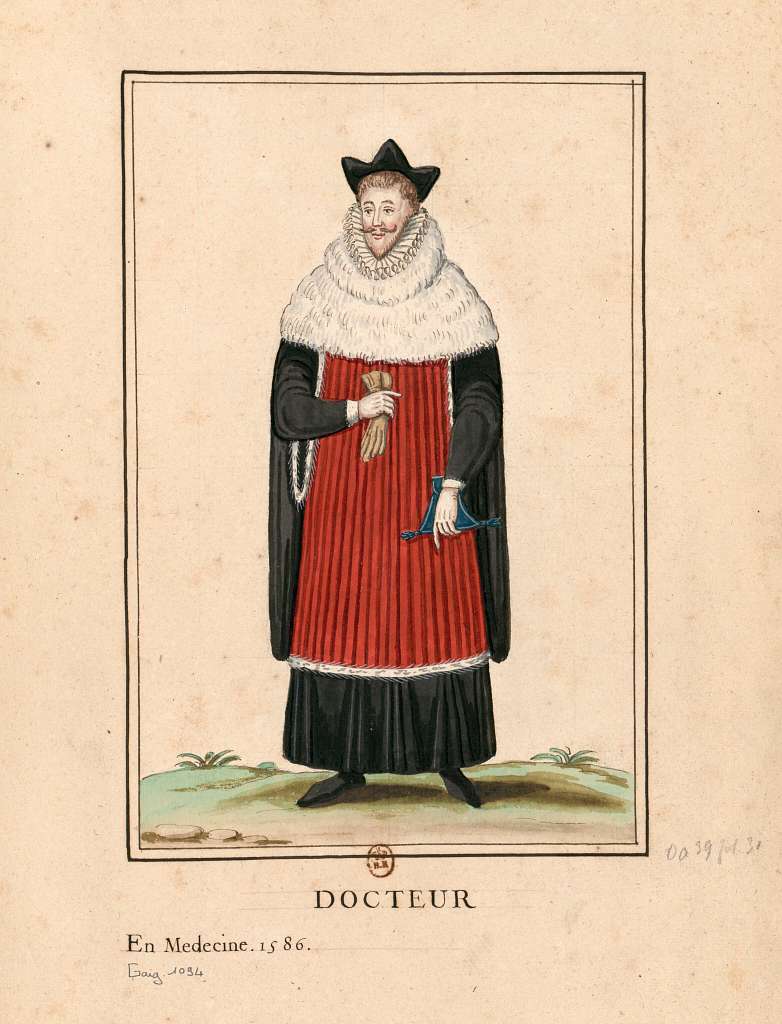 Docteur de l'université en 1586. El grabado ilustra la indumentaria ceremonial e insignias (toga y birrete) que consolidaron el estatus civil y el prestigio institucional del graduado en la Europa de la Edad Moderna. Dibujo anónimo, siglo XVI. Colección de estampas de la Bibliothèque nationale de France (Gallica).