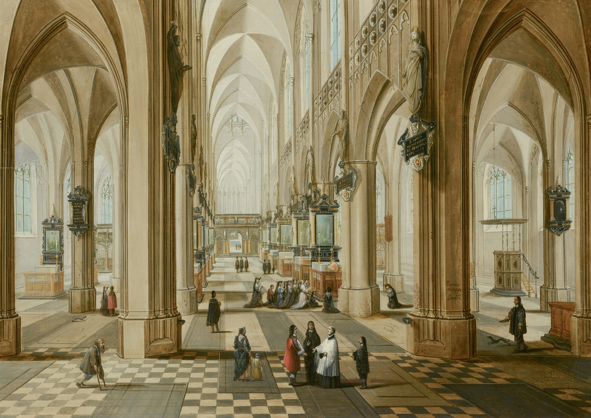 Interior de una catedral gótica con figuras (ca. mediados del siglo XVII). La obra plasma la evolución del espacio sacro bajo el Barroco, donde la rigidez de la arquitectura gótica preexistente se superpone con las dinámicas de control, distinción burguesa y jerarquía eclesiástica de la Edad Moderna. Atribuido al círculo de Pieter Neefs / Escuela Flamenca.