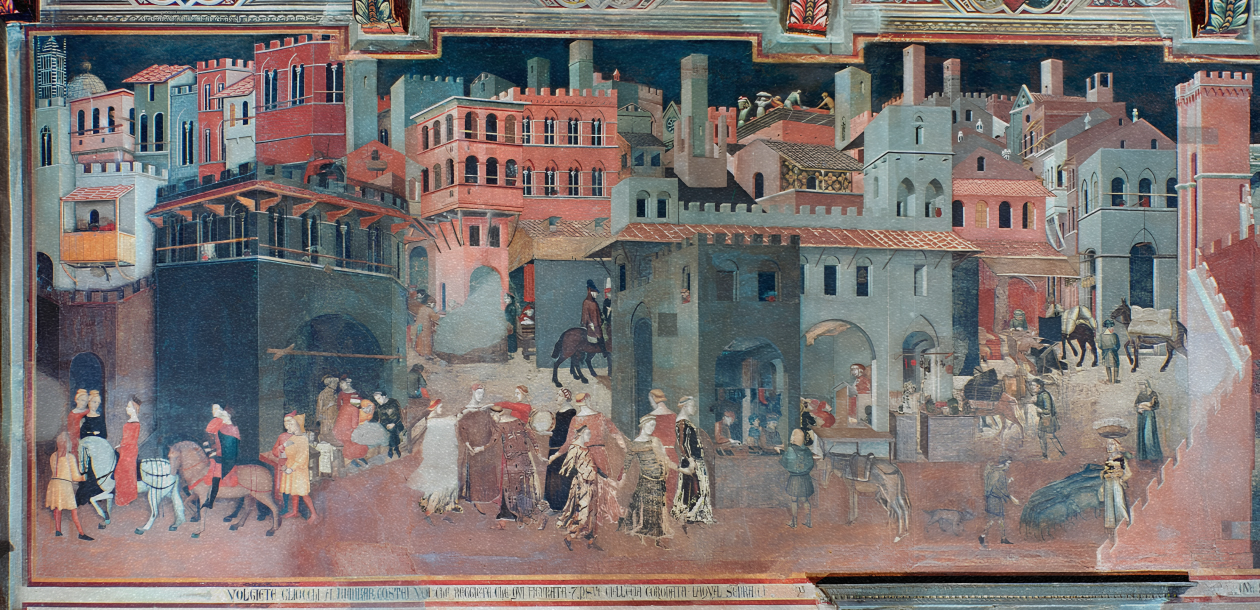 Efectos del Buen Gobierno en la Ciudad (detalle), Ambrogio Lorenzetti, 1338-1339. Fresco en el Palazzo Pubblico de Siena. La obra constituye el primer gran retrato pictórico de la revolución comercial bajomedieval, donde la edificación urbana, el libre tráfico de mercancías y las lecciones de los maestros universitarios coexisten como pilares de un ecosistema de orden, productividad y certidumbre civil.